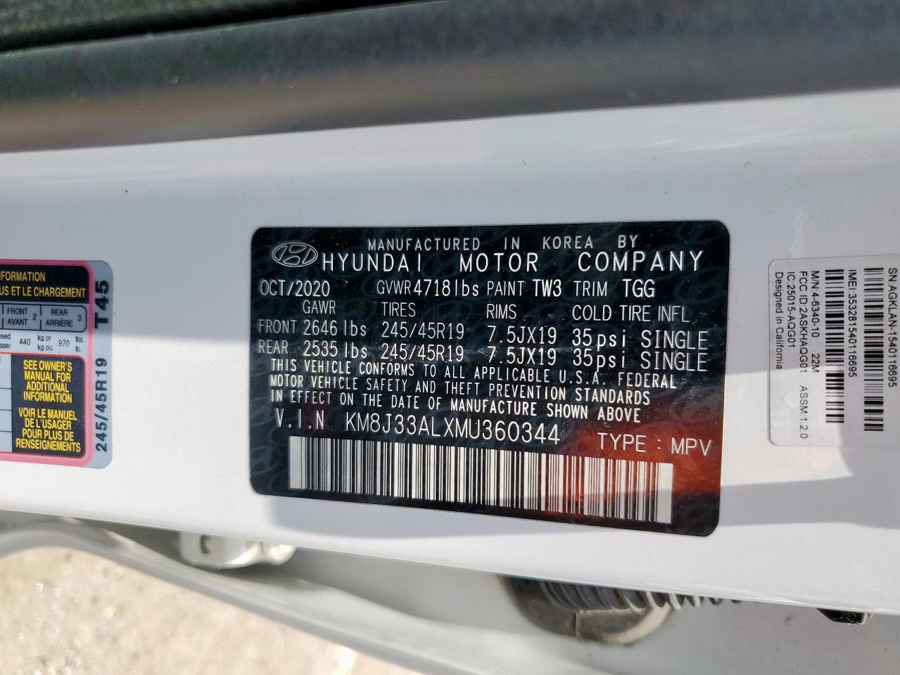 2021 Hyundai Tucson Limited VIN: KM8J33ALXMU360344 Lot: 62921095