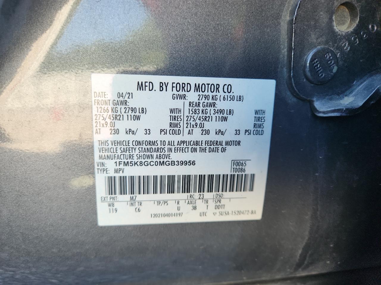 2021 Ford Explorer St VIN: 1FM5K8GC0MGB39956 Lot: 61747515