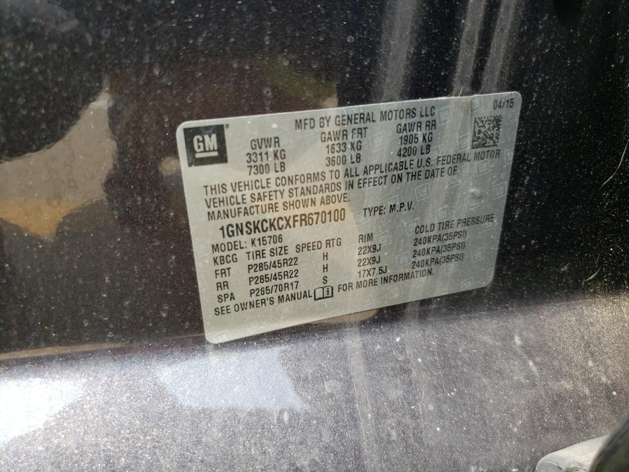 2015 Chevrolet Tahoe K1500 Ltz VIN: 1GNSKCKCXFR670100 Lot: 60238675