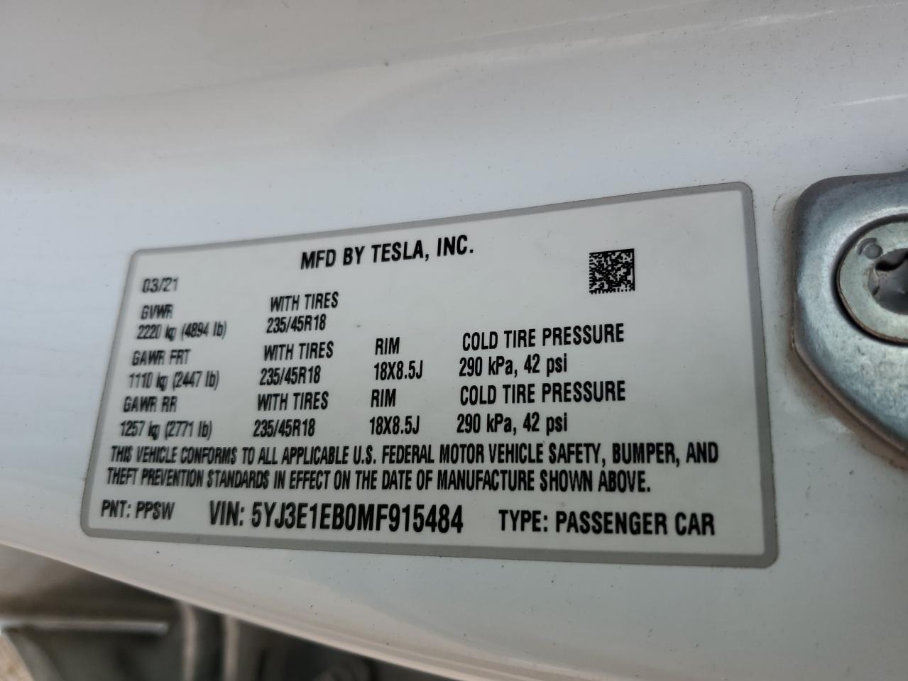 2021 Tesla Model 3 VIN: 5YJ3E1EB0MF915484 Lot: 59535205