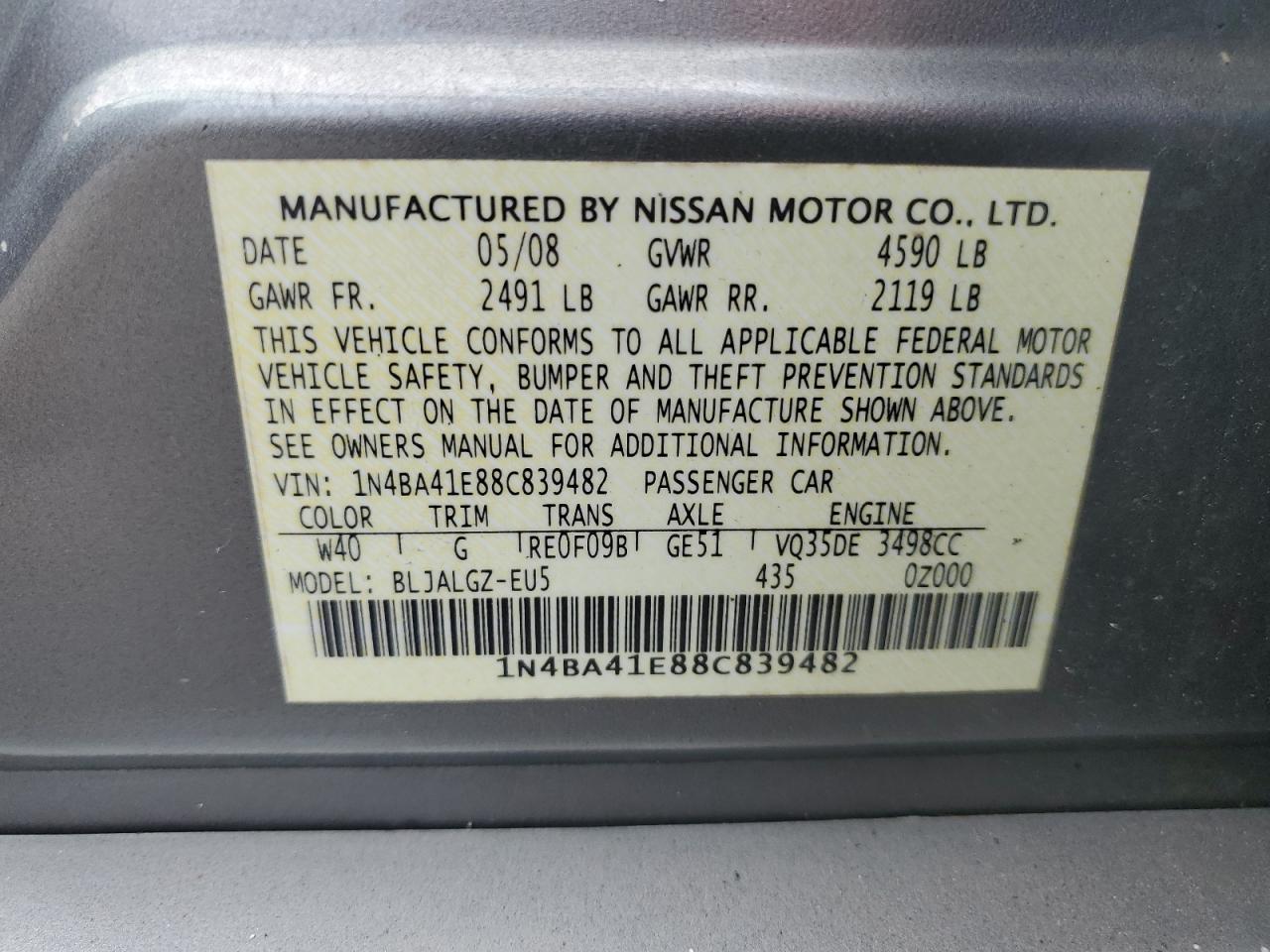 2008 Nissan Maxima Se VIN: 1N4BA41E88C839482 Lot: 62354755