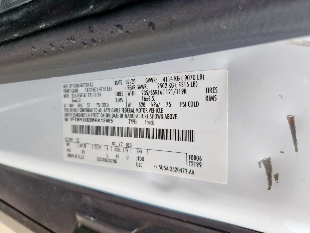 2021 Ford Transit T-250 VIN: 1FTBR1X83MKA12685 Lot: 61617625