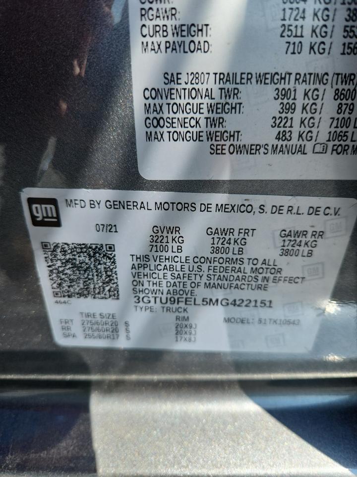2021 GMC Sierra K1500 Denali VIN: 3GTU9FEL5MG422151 Lot: 62859195