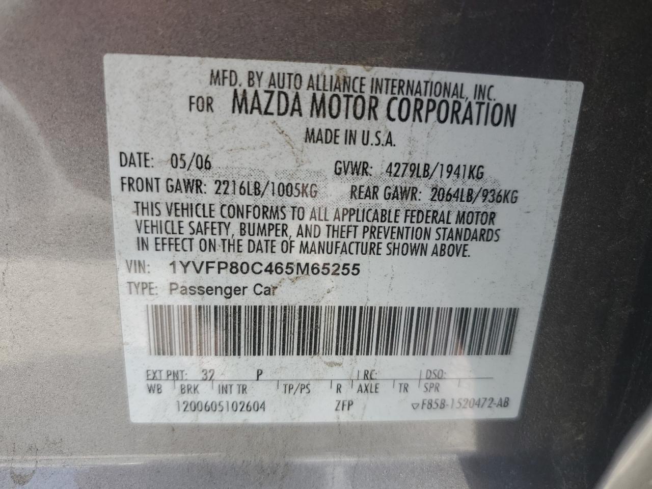 2006 Mazda 6 I VIN: 1YVFP80C465M65255 Lot: 62550985