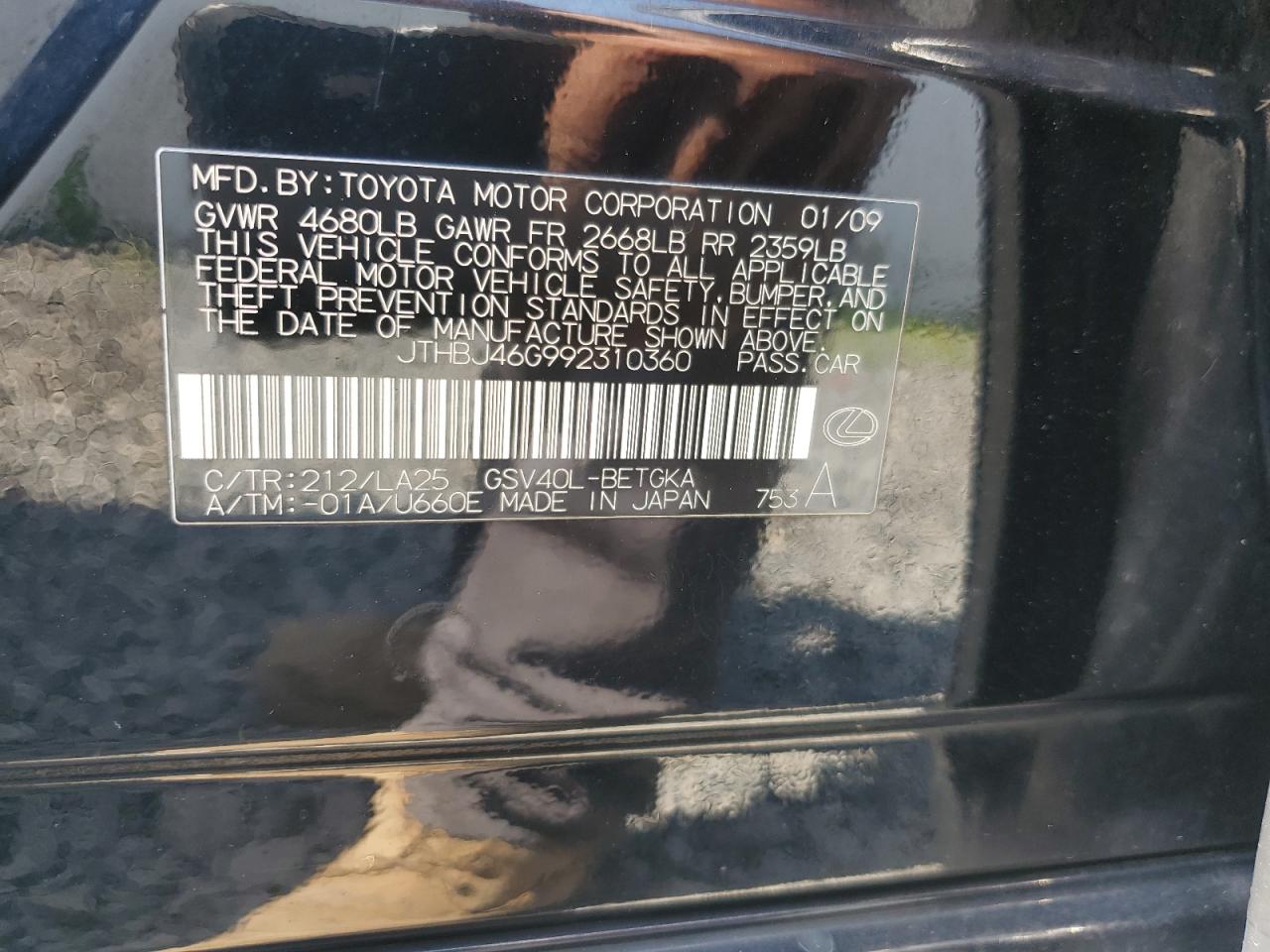 2009 Lexus Es 350 VIN: JTHBJ46G992310360 Lot: 62344275