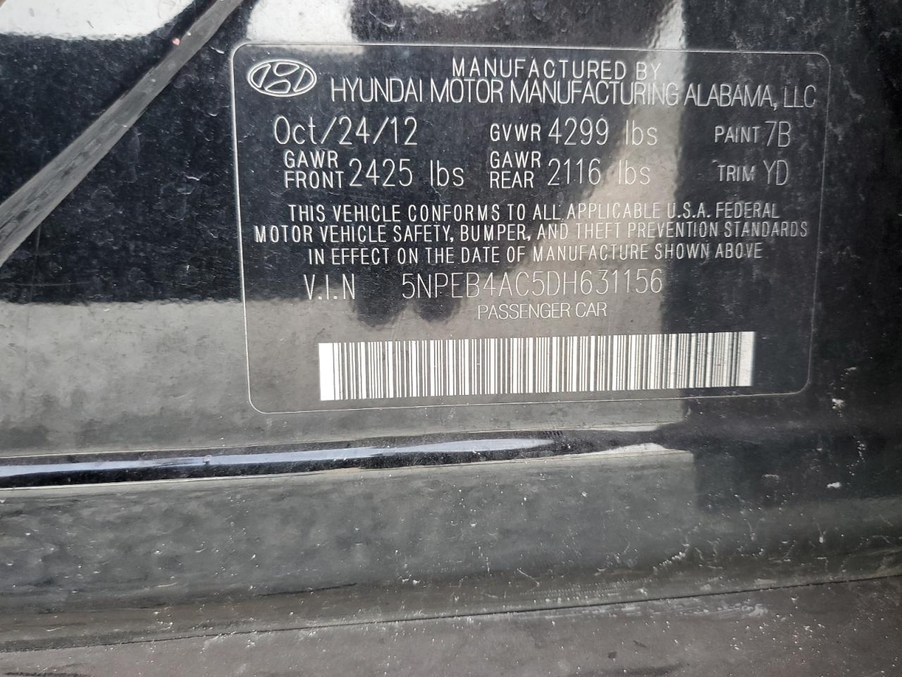 2013 Hyundai Sonata Gls VIN: 5NPEB4AC5DH631156 Lot: 62665465