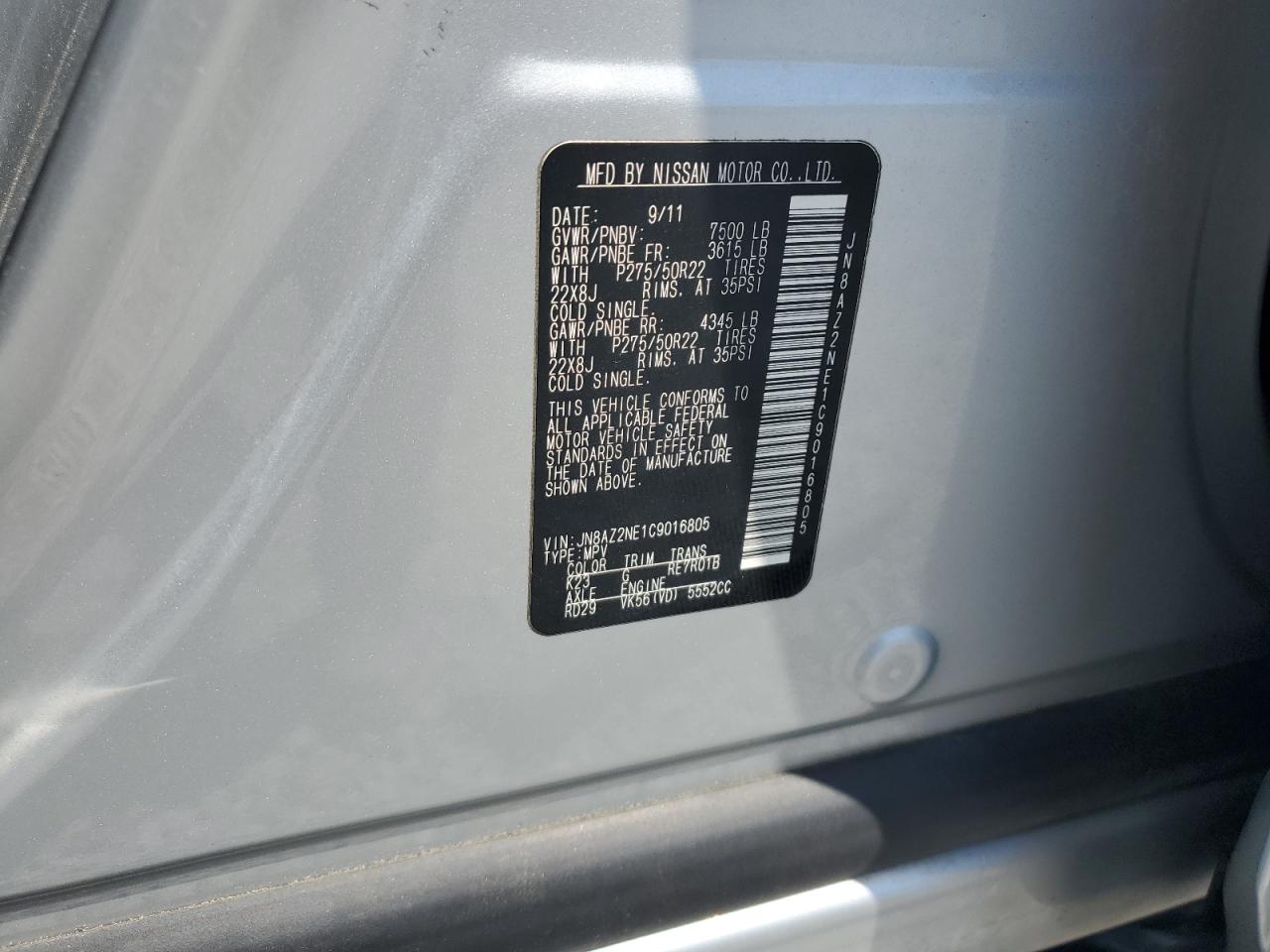 2012 Infiniti Qx56 VIN: JN8AZ2NE1C9016805 Lot: 62344665