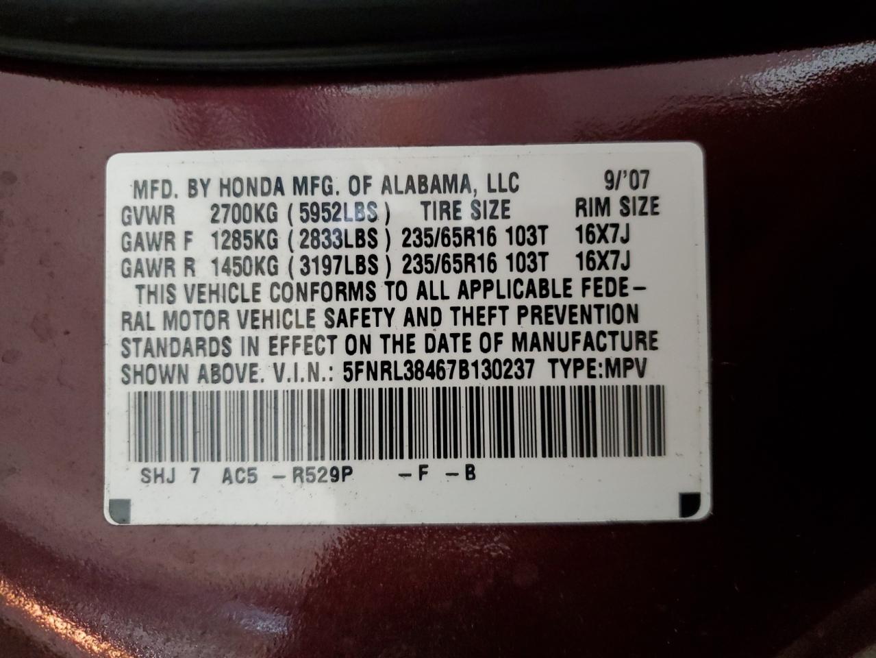 2007 Honda Odyssey Ex VIN: 5FNRL38467B130237 Lot: 62744235