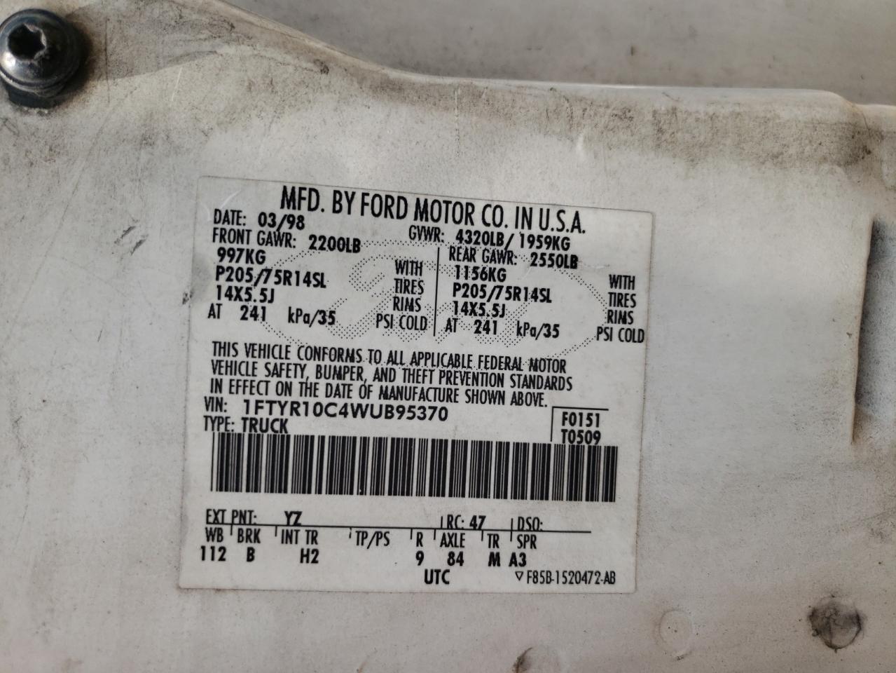1998 Ford Ranger VIN: 1FTYR10C4WUB95370 Lot: 60472225