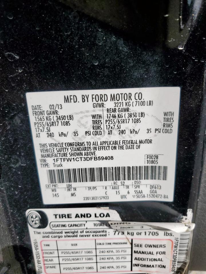 2013 Ford F150 Supercrew VIN: 1FTFW1CT3DFB59408 Lot: 62593225