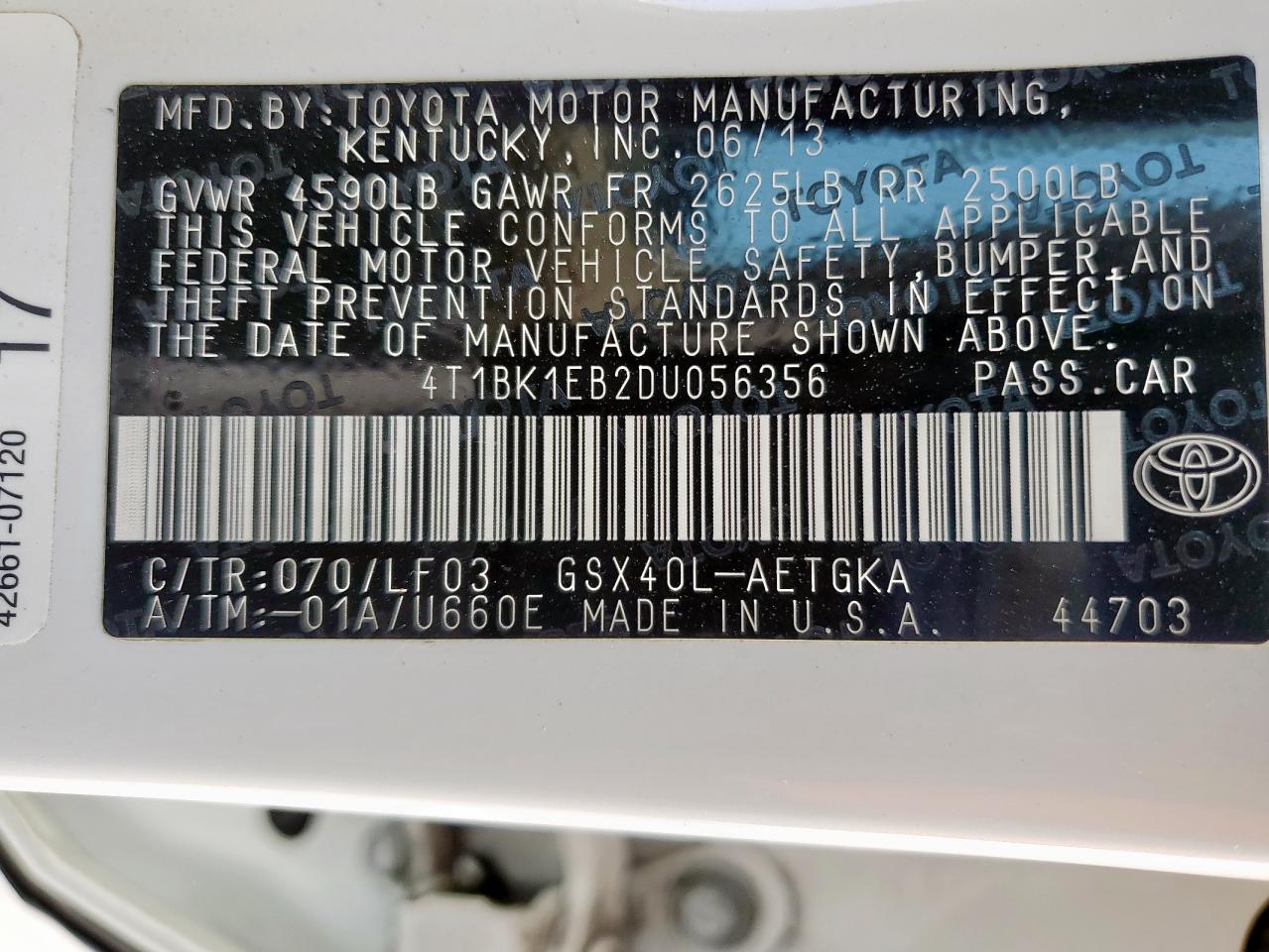 2013 Toyota Avalon Base VIN: 4T1BK1EB2DU056356 Lot: 61923805