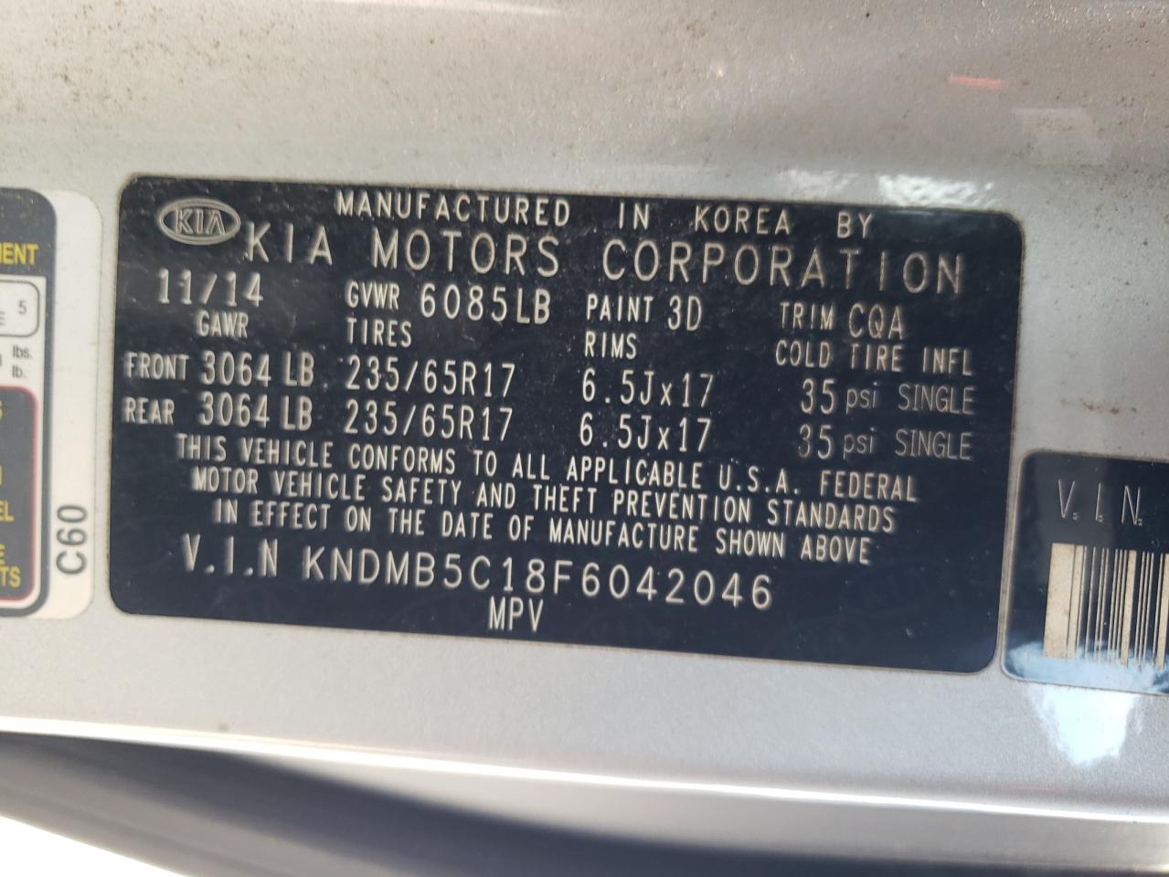 2015 Kia Sedona Lx VIN: KNDMB5C18F6042046 Lot: 61041305