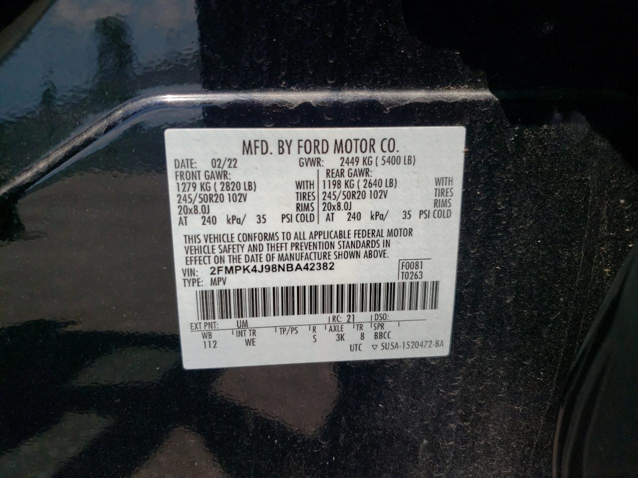 2022 Ford Edge Sel VIN: 2FMPK4J98NBA42382 Lot: 62857185
