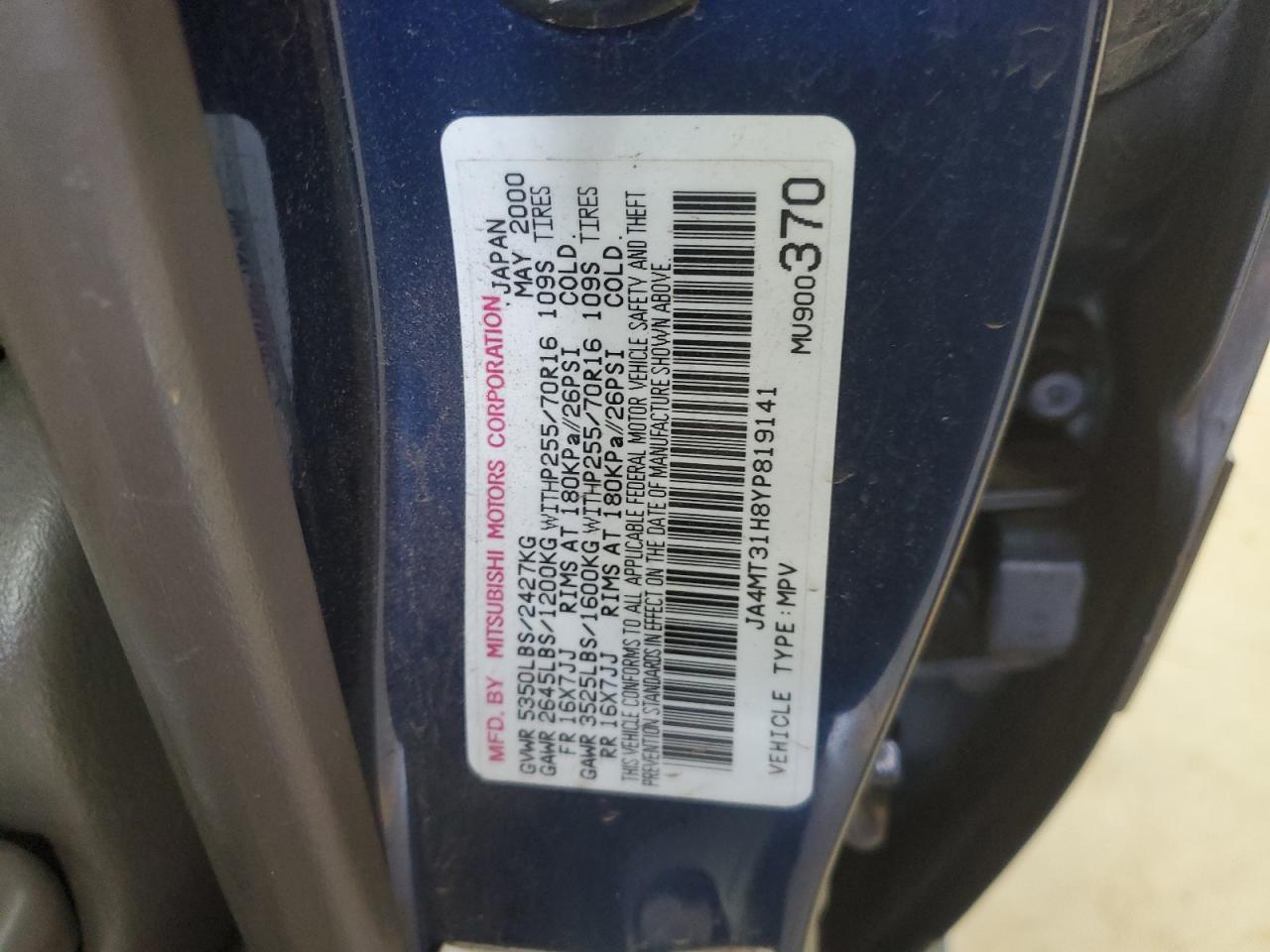 2000 Mitsubishi Montero Sport Ls VIN: JA4MT31H8YP819141 Lot: 61784465