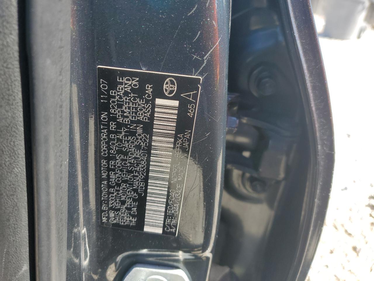 2008 Toyota Yaris VIN: JTDBT923384017522 Lot: 62164375