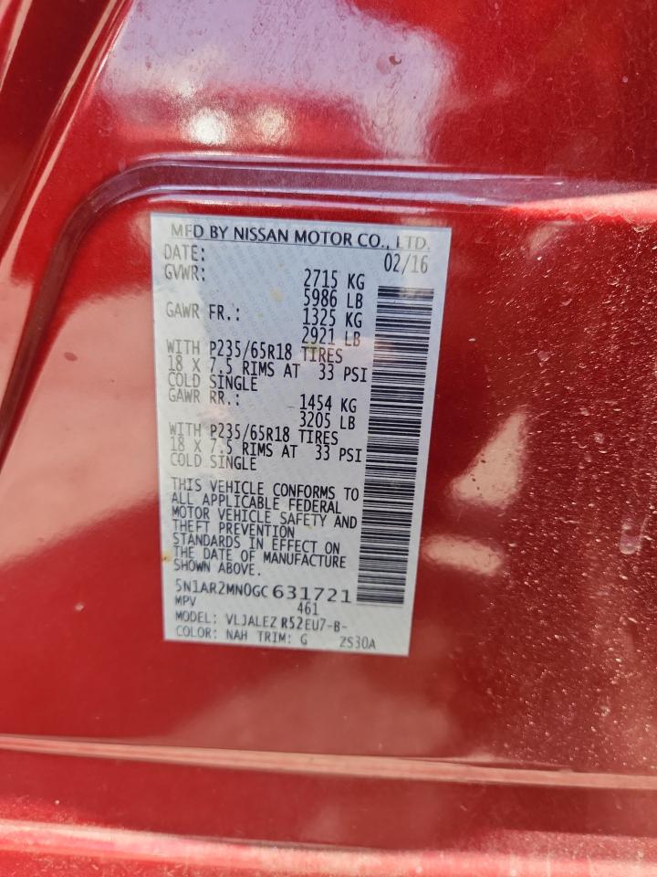 2016 Nissan Pathfinder S VIN: 5N1AR2MN0GC631721 Lot: 62662545