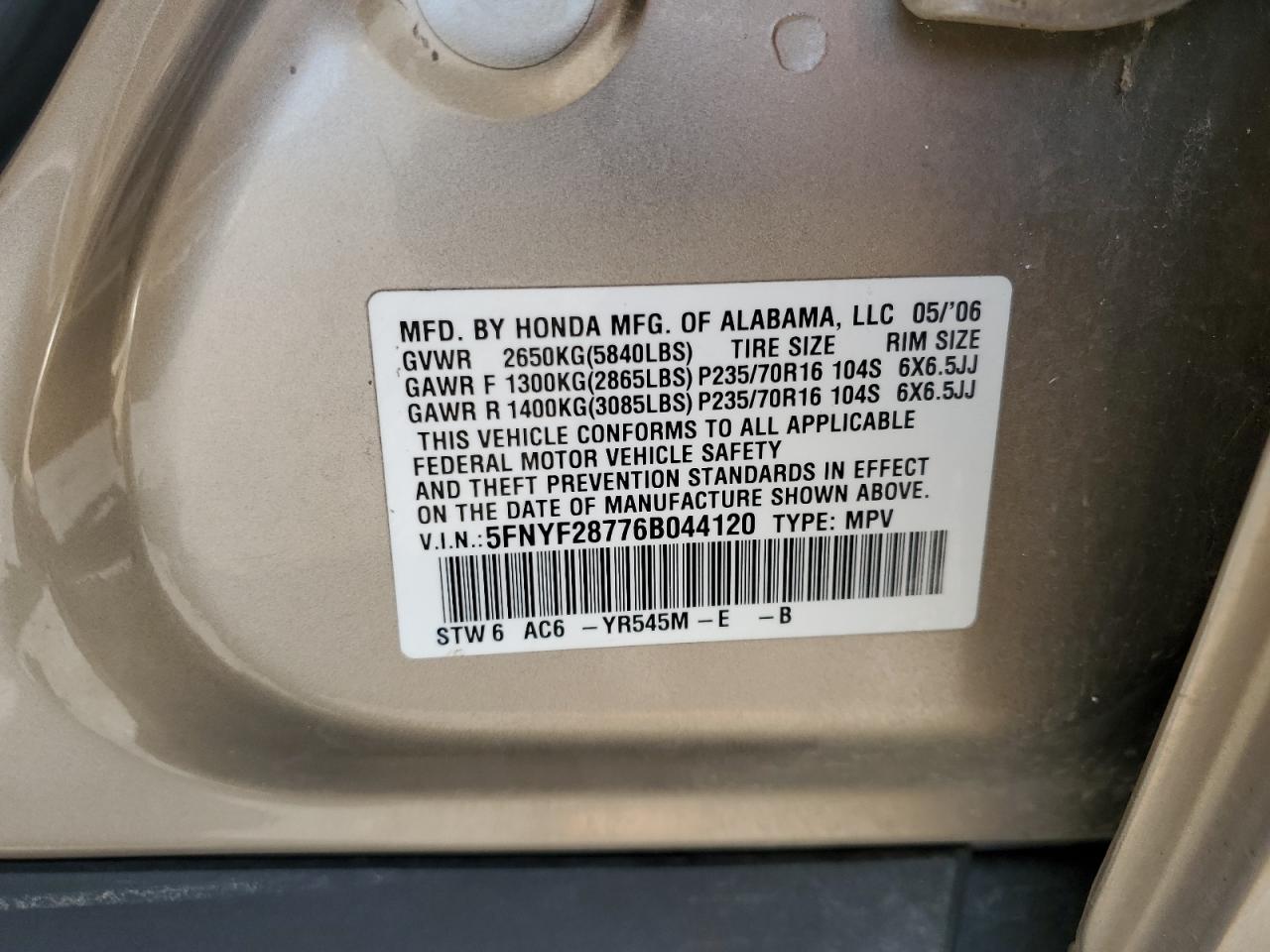 2006 Honda Pilot Ex VIN: 5FNYF28776B044120 Lot: 62156445