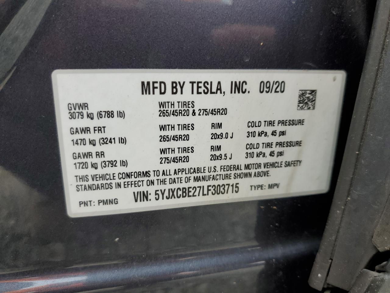 2020 Tesla Model X VIN: 5YJXCBE27LF303715 Lot: 61717145