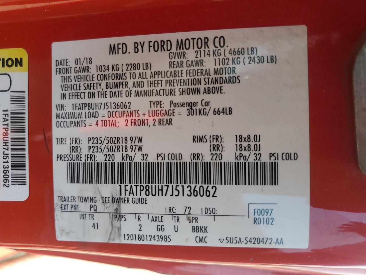 2018 Ford Mustang VIN: 1FATP8UH7J5136062 Lot: 60023045