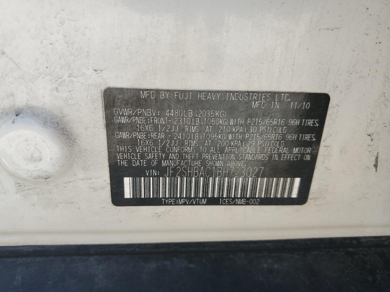 2011 Subaru Forester 2.5X VIN: JF2SHBAC1BH723027 Lot: 59426825