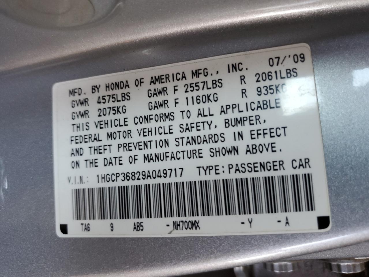 2009 Honda Accord Exl VIN: 1HGCP36829A049717 Lot: 93041825