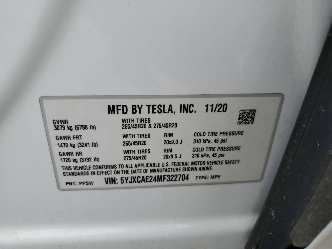 2021 Tesla Model X VIN: 5YJXCAE24MF322704 Lot: 58957905