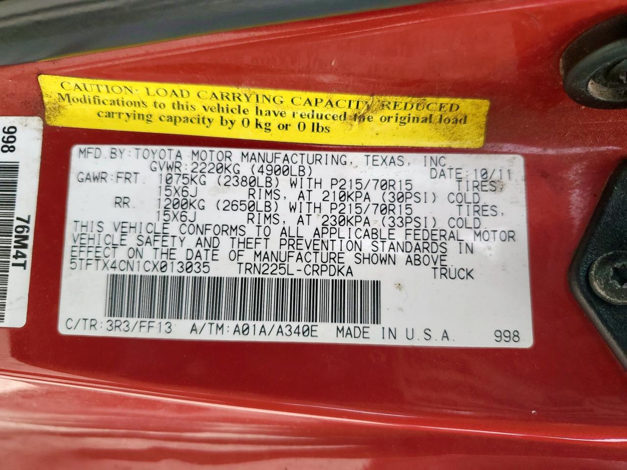 2012 Toyota Tacoma Access Cab VIN: 5TFTX4CN1CX013035 Lot: 62837305