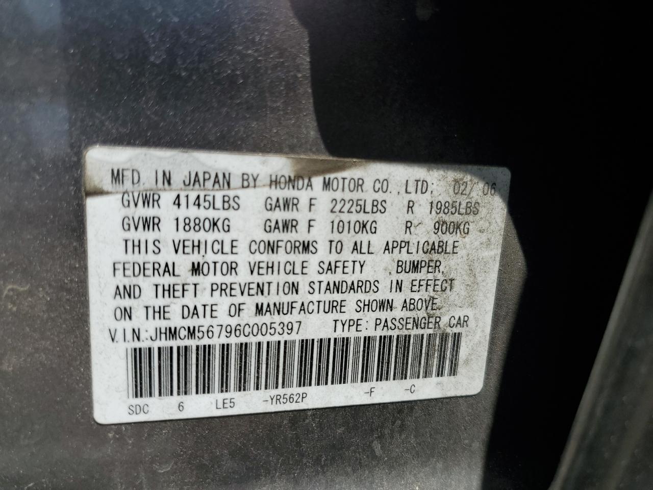 jhmcm56796c005397 JHMCM56796C005397 2006 Honda Accord Ex