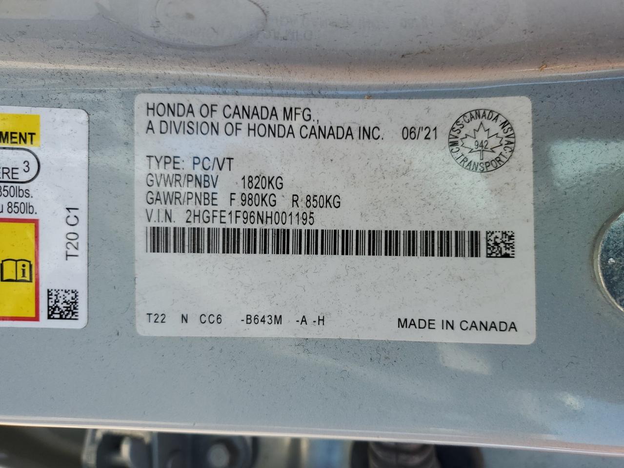 HONDA CIVIC 2022 VIN 2HGFE1F96NH001195 фото 13