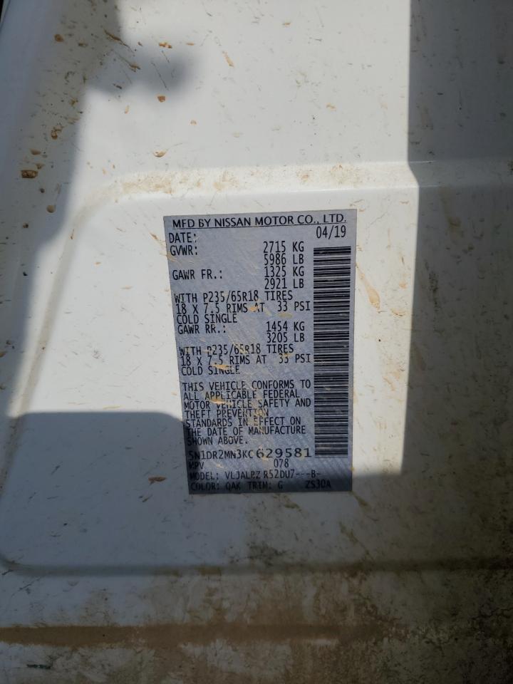 2019 Nissan Pathfinder S VIN: 5N1DR2MN3KC629581 Lot: 61364285