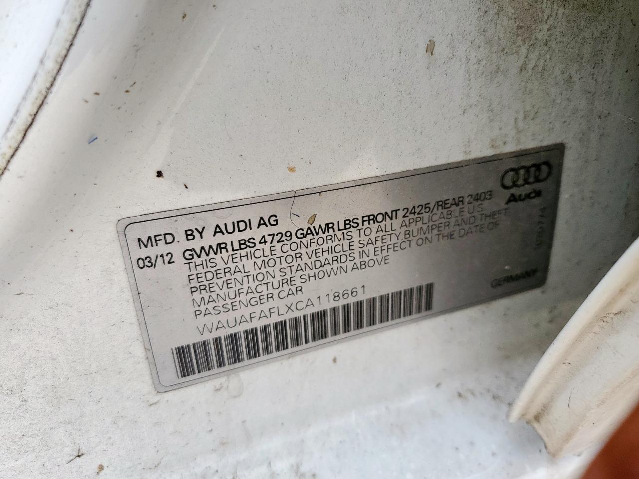 2012 Audi A4 Premium VIN: WAUAFAFLXCA118661 Lot: 60912795