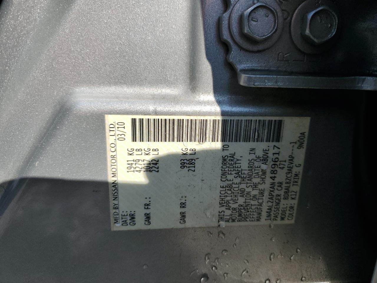 2010 Nissan Altima Base VIN: 1N4AL2APXAN489617 Lot: 62537395