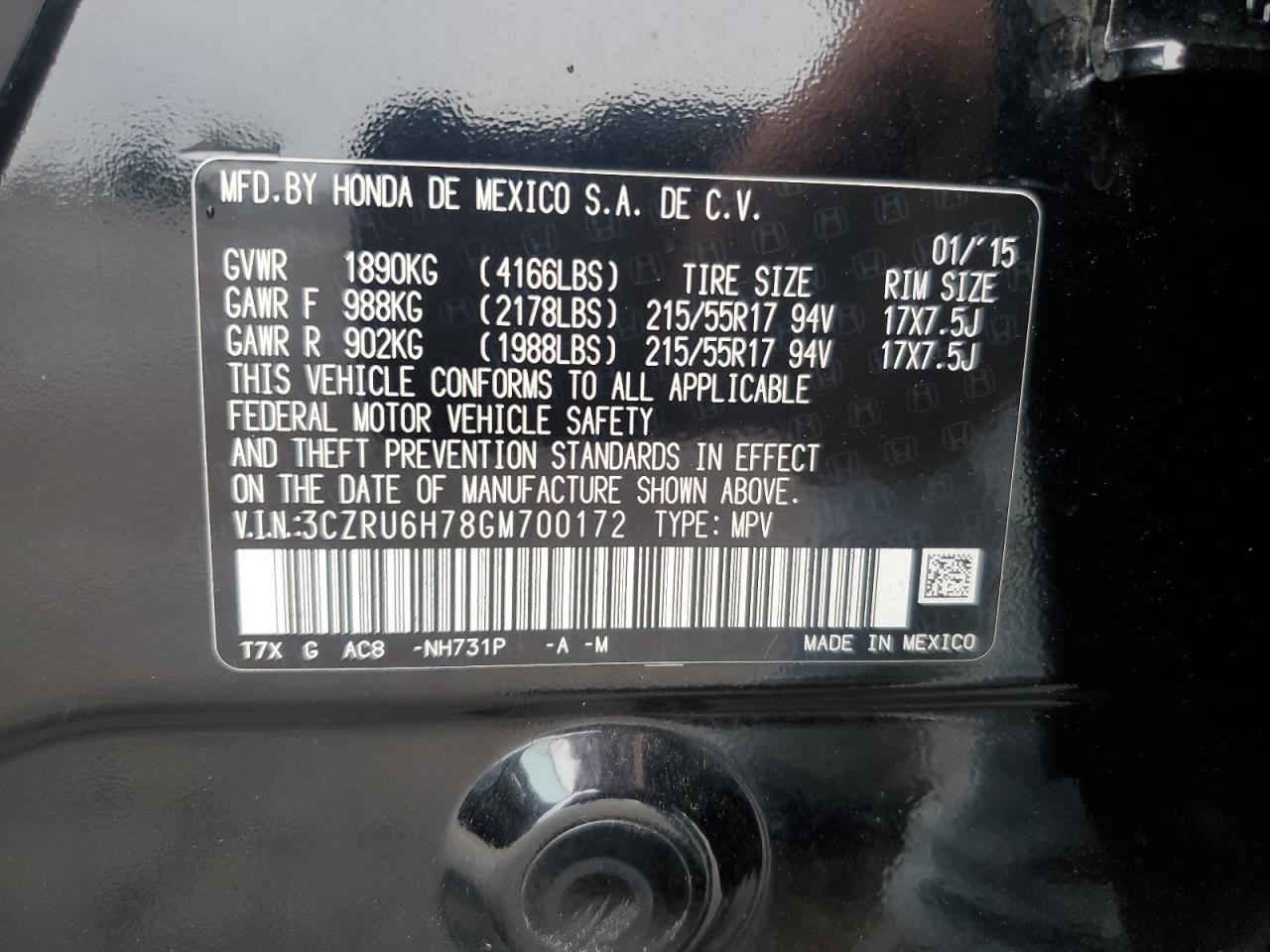 2016 Honda Hr-V Exl VIN: 3CZRU6H78GM700172 Lot: 62995275