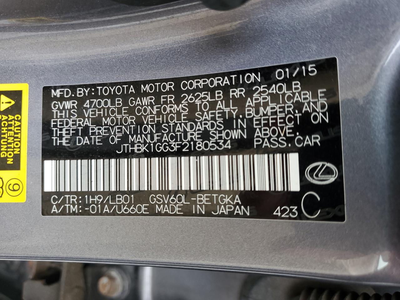 2015 Lexus Es 350 VIN: JTHBK1GG3F2180534 Lot: 61222415