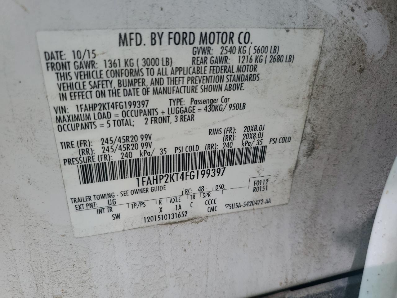 2015 Ford Taurus Sho VIN: 1FAHP2KT4FG199397 Lot: 60356465