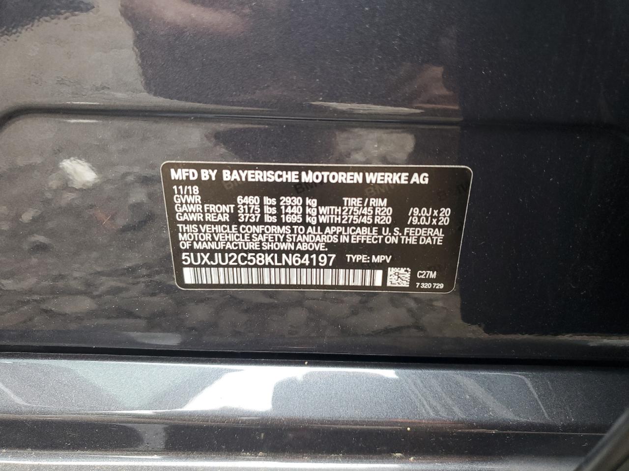 2019 BMW X5 xDrive50I VIN: 5UXJU2C58KLN64197 Lot: 62185295