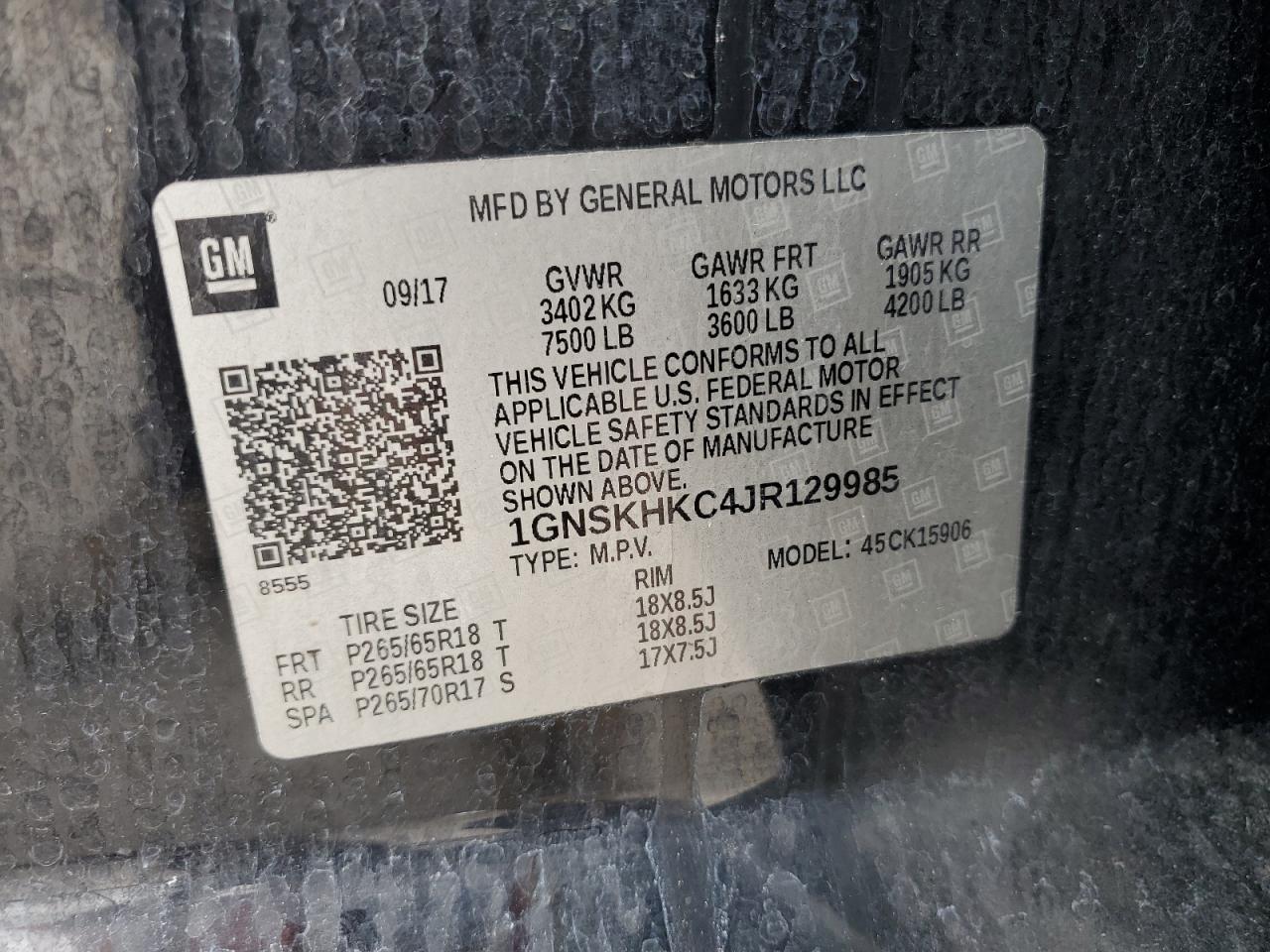 2018 Chevrolet Suburban K1500 Lt VIN: 1GNSKHKC4JR129985 Lot: 62950365