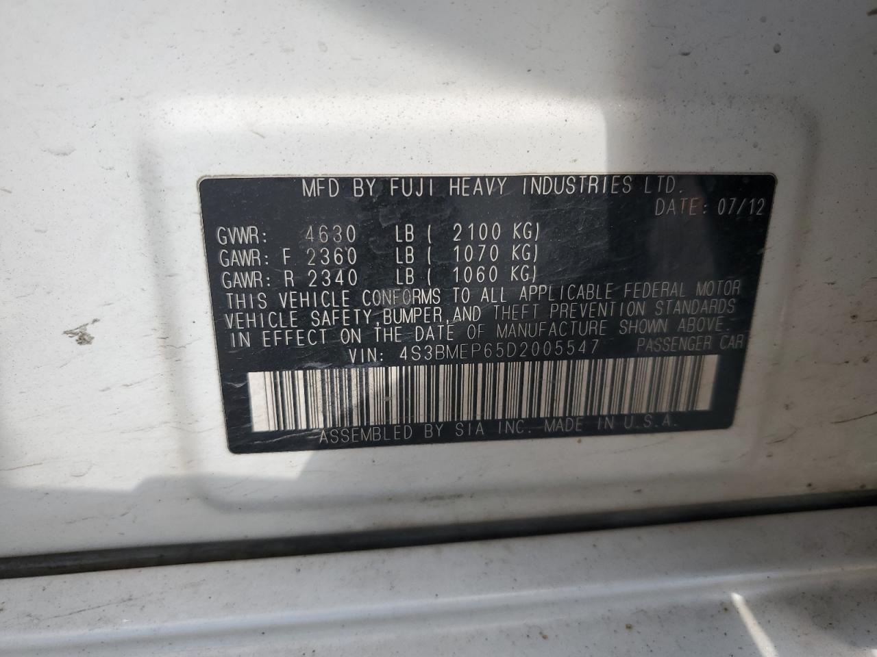 2013 Subaru Legacy 3.6R Limited VIN: 4S3BMEP65D2005547 Lot: 59350975