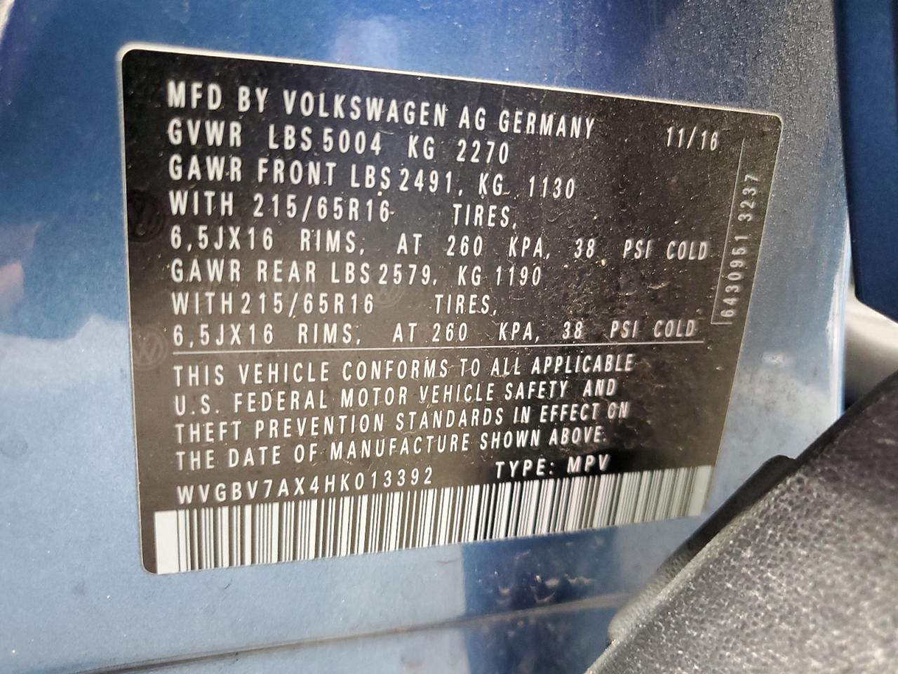 2017 Volkswagen Tiguan S VIN: WVGBV7AX4HK013392 Lot: 62349625