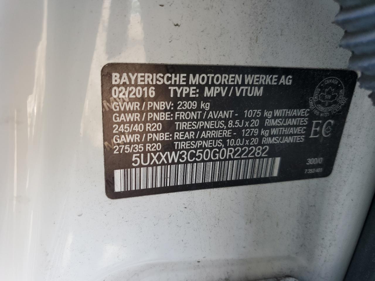 2016 BMW X4 xDrive28I VIN: 5UXXW3C50G0R22282 Lot: 62159085