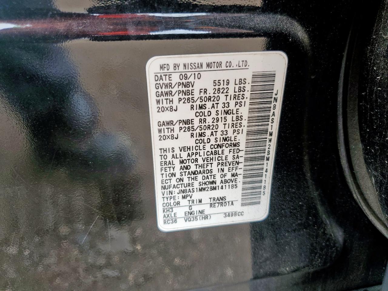 2011 Infiniti Fx35 VIN: JN8AS1MW2BM141185 Lot: 62608405