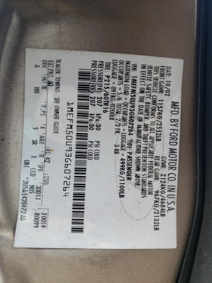 2003 Mercury Sable Gs VIN: 1MEFM50U93G607264 Lot: 62642615
