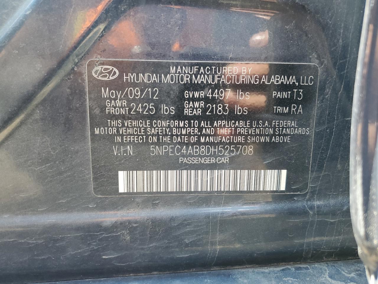 HYUNDAI SONATA 2013 VIN 5NPEC4AB8DH525708 zdjęcie 12