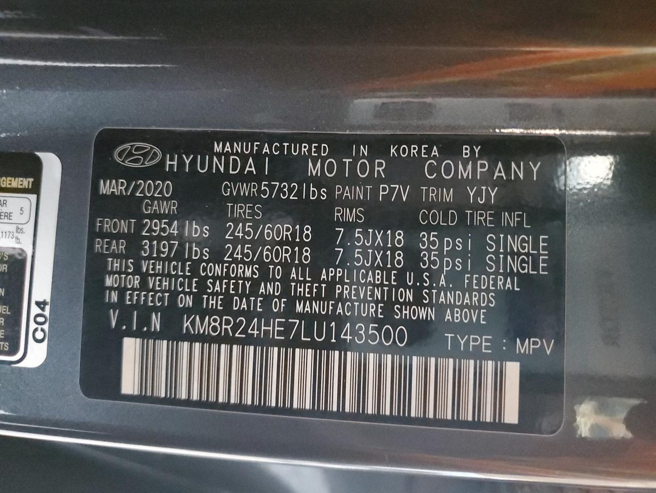 2020 Hyundai Palisade Sel VIN: KM8R24HE7LU143500 Lot: 61763555