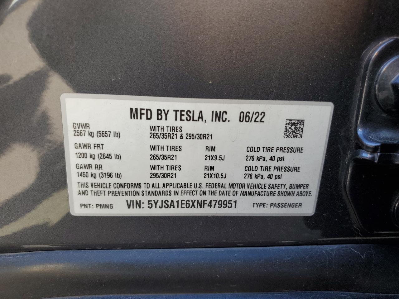 2022 Tesla Model S VIN: 5YJSA1E6XNF479951 Lot: 60313955
