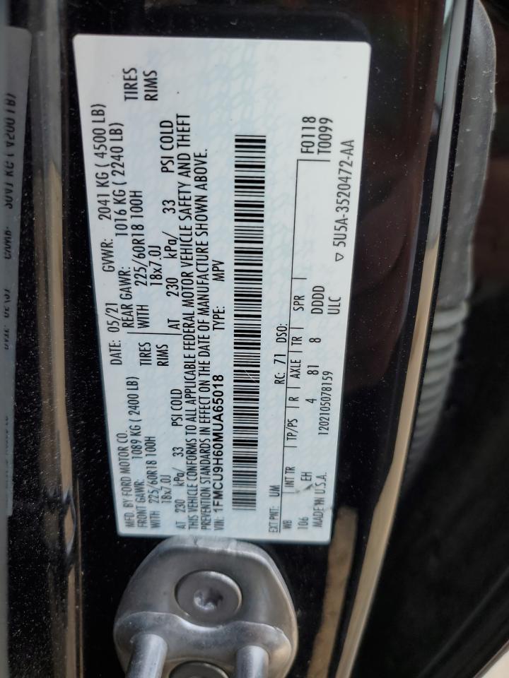 2021 Ford Escape Sel VIN: 1FMCU9H60MUA65018 Lot: 60699275