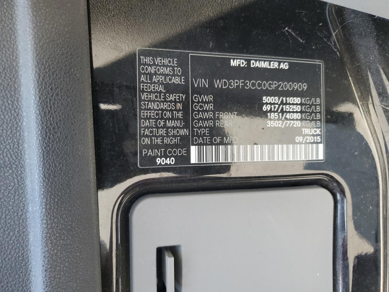 2016 Mercedes-Benz Sprinter 3500 VIN: WD3PF3CC0GP200909 Lot: 60015425