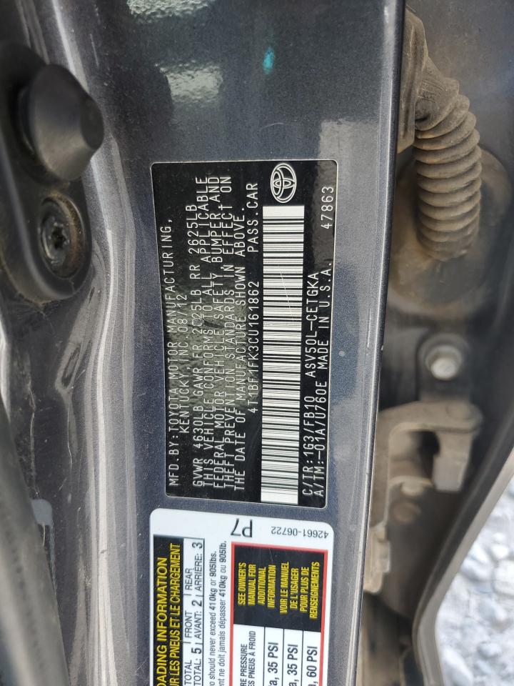 2012 Toyota Camry Base VIN: 4T1BF1FK3CU161862 Lot: 61640015