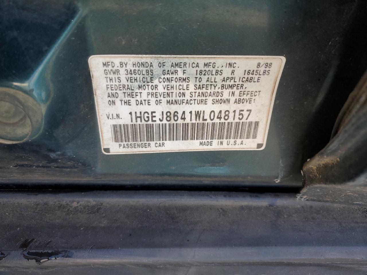 1998 Honda Civic Ex VIN: 1HGEJ8641WL048157 Lot: 59308335