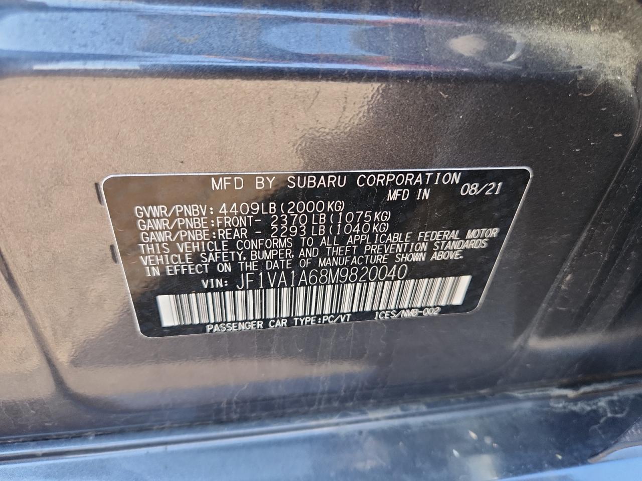 2021 Subaru Wrx VIN: JF1VA1A68M9820040 Lot: 62339705